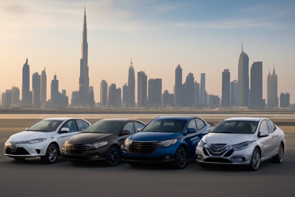 Four fuel-efficient cars parked in front of the Dubai skyline, showcasing the best mileage cars in the UAE, with the Burj Khalifa in the background.