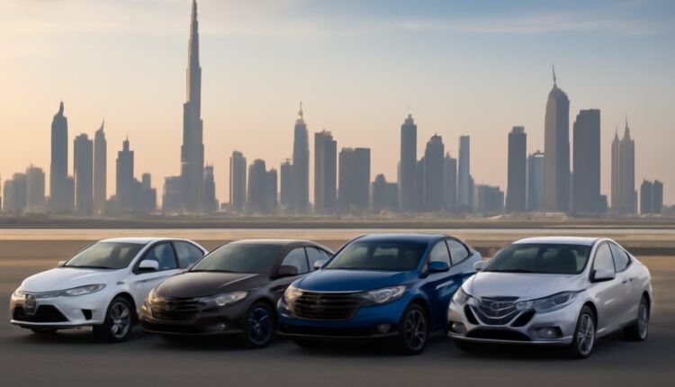 Four fuel-efficient cars parked in front of the Dubai skyline, showcasing the best mileage cars in the UAE, with the Burj Khalifa in the background.