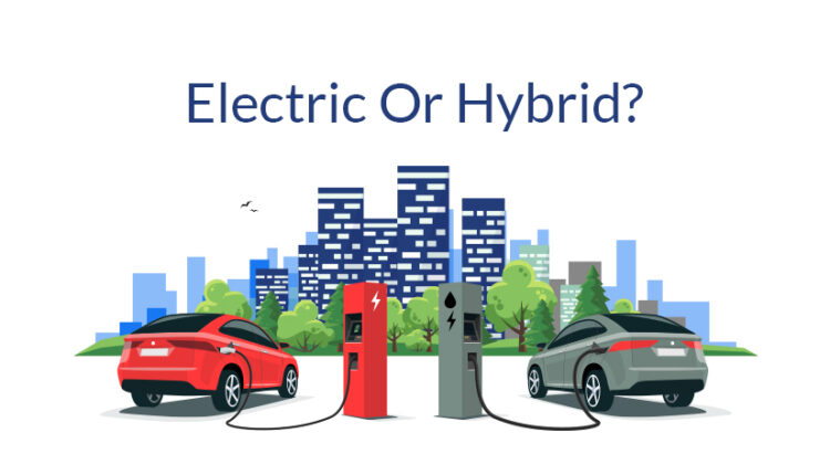 Electric vs Hybrid cars charging at stations in a city setting.