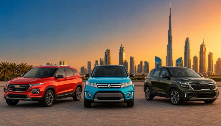 : Three affordable SUVs lined up in front of the Dubai skyline for a guide to the 6 cheapest suv in uae.|Arabwheels.ae