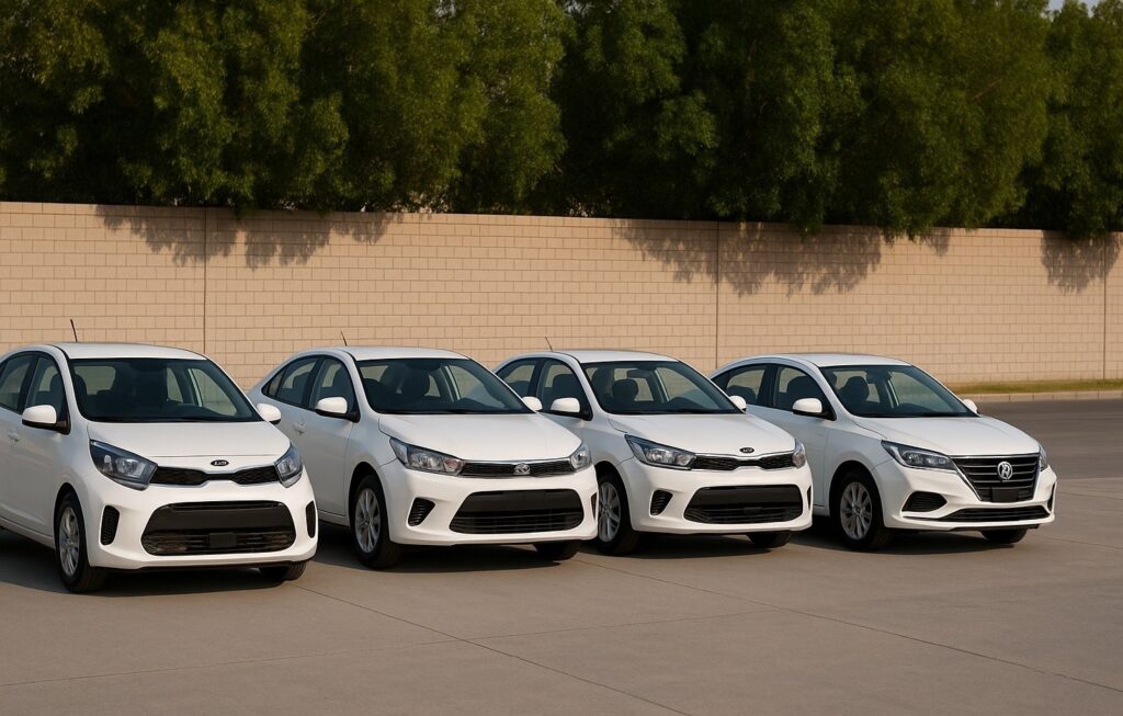A row of four white compact sedans parked outdoors in daylight, lined up side by side in front of a beige brick wall and trees.