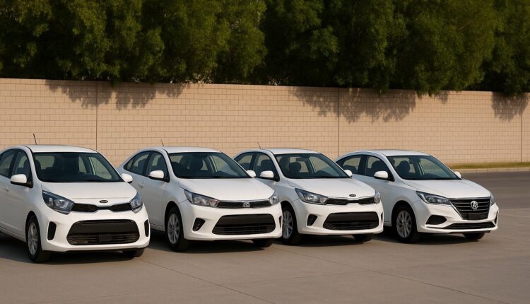 A row of four white compact sedans parked outdoors in daylight, lined up side by side in front of a beige brick wall and trees.