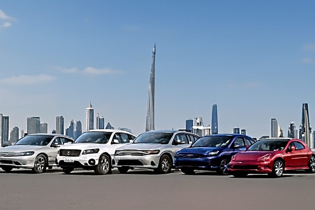 A group of electric vehicles parked with the city skyline in the background, featuring five different cars in white, silver, blue, and red.