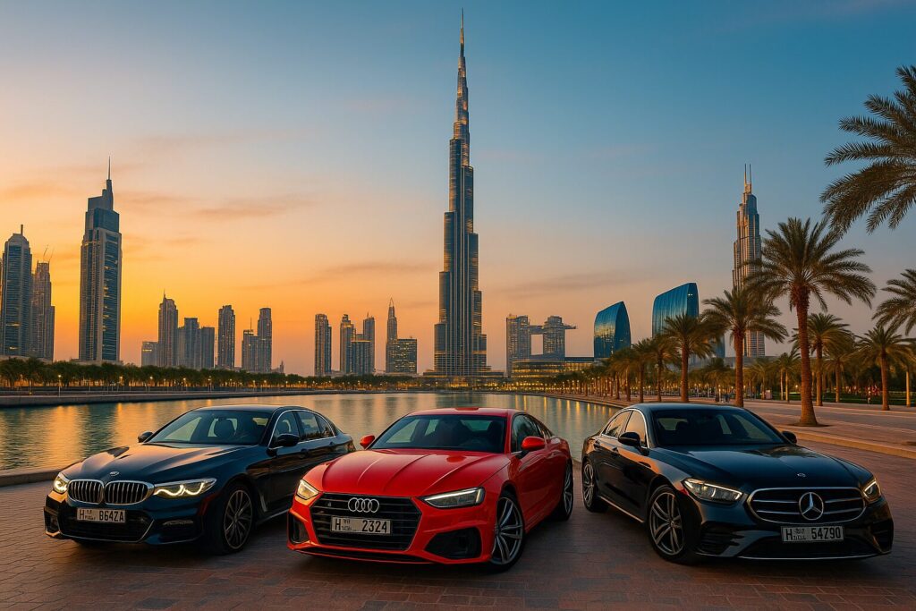 Luxury cars lined up in front of the Burj Khalifa, representing premium car rental options in Dubai.