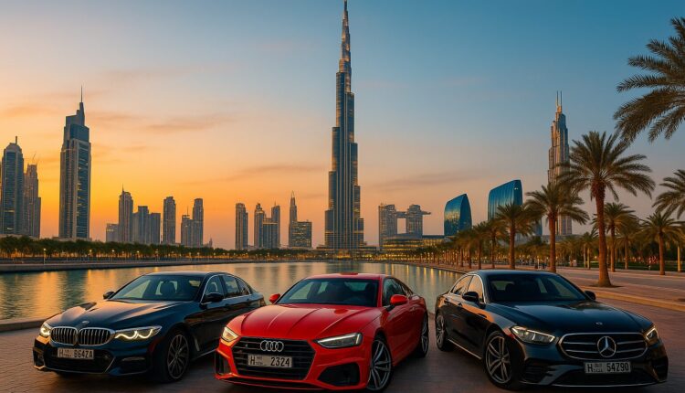 Luxury cars lined up in front of the Burj Khalifa, representing premium car rental options in Dubai.