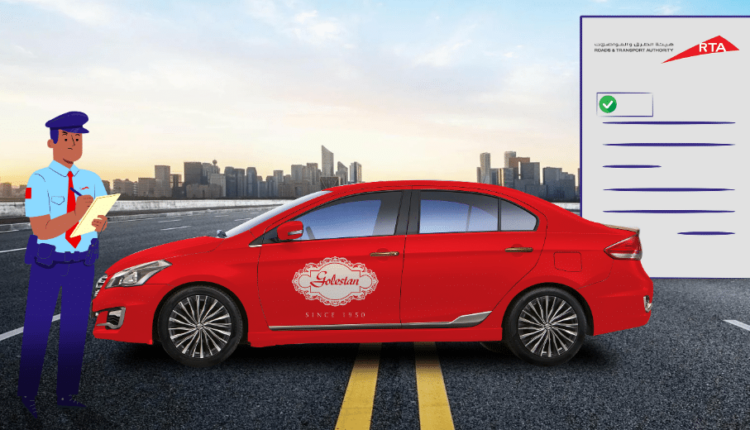 UAE RTA transfer process for car buyers showing red sedan and official vehicle inspection checklist