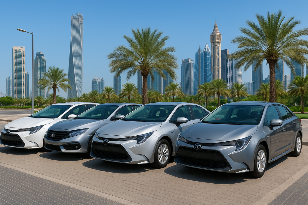 Fuel-efficient cars lined up in Dubai with skyscrapers and palm trees in the background.