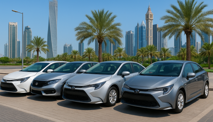 Fuel-efficient cars lined up in Dubai with skyscrapers and palm trees in the background.