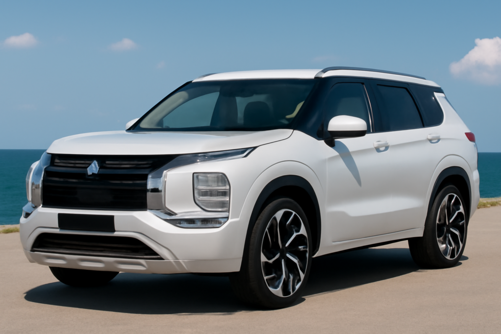 Mitsubishi Outlander parked with a view of its sleek design and third-row seating, showcasing its practicality for family use.