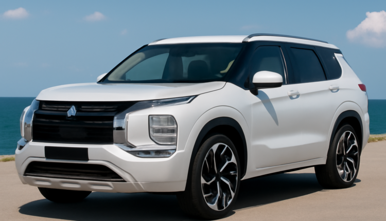 Mitsubishi Outlander parked with a view of its sleek design and third-row seating, showcasing its practicality for family use.