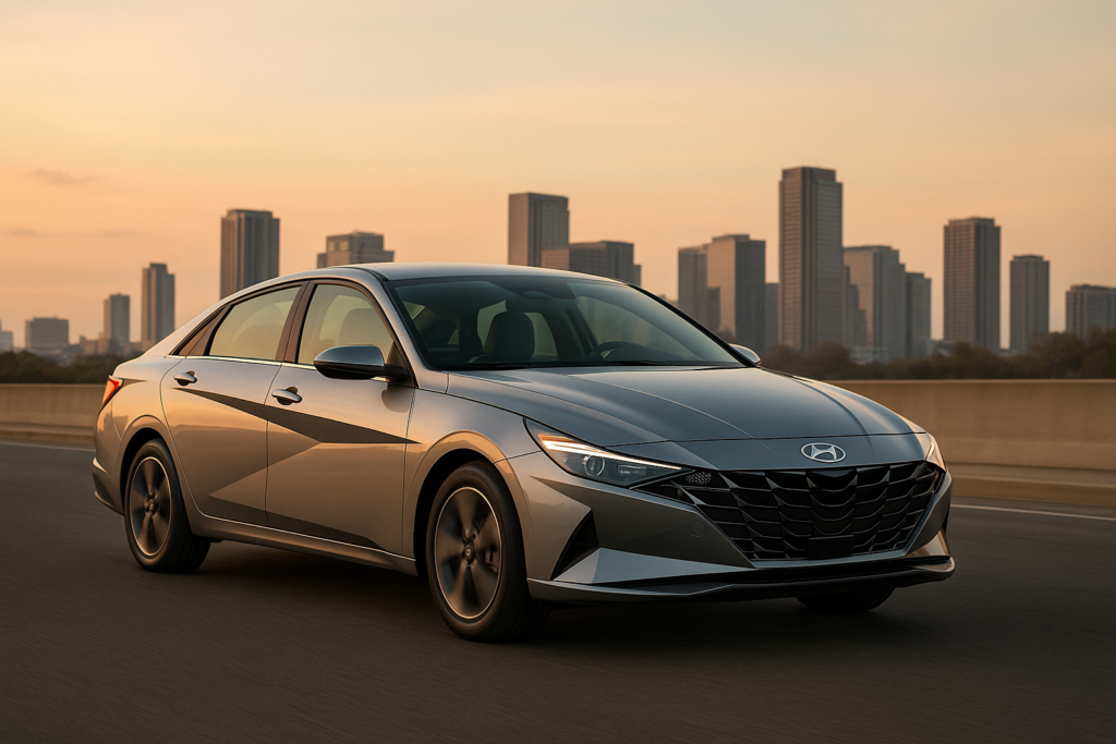 Hyundai Elantra in metallic gray driving at sunset with a soft-focus city skyline in the background.