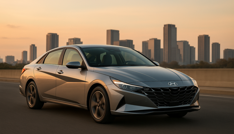 Hyundai Elantra in metallic gray driving at sunset with a soft-focus city skyline in the background.