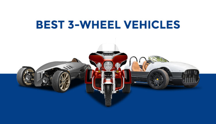 Three 3-wheel vehicles, a roadster, a touring motorcycle, and a sporty trike, on a blue and white background.