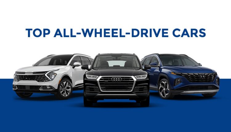 Lineup of all-wheel-drive cars driving through different terrains including snow, mud, and asphalt, showcasing their versatility in all seasons.