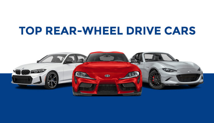 Front view lineup of three rear-wheel drive sports cars — BMW 3 Series, Toyota GR Supra, and Mazda MX-5 Miata, displayed on a blue and white background.