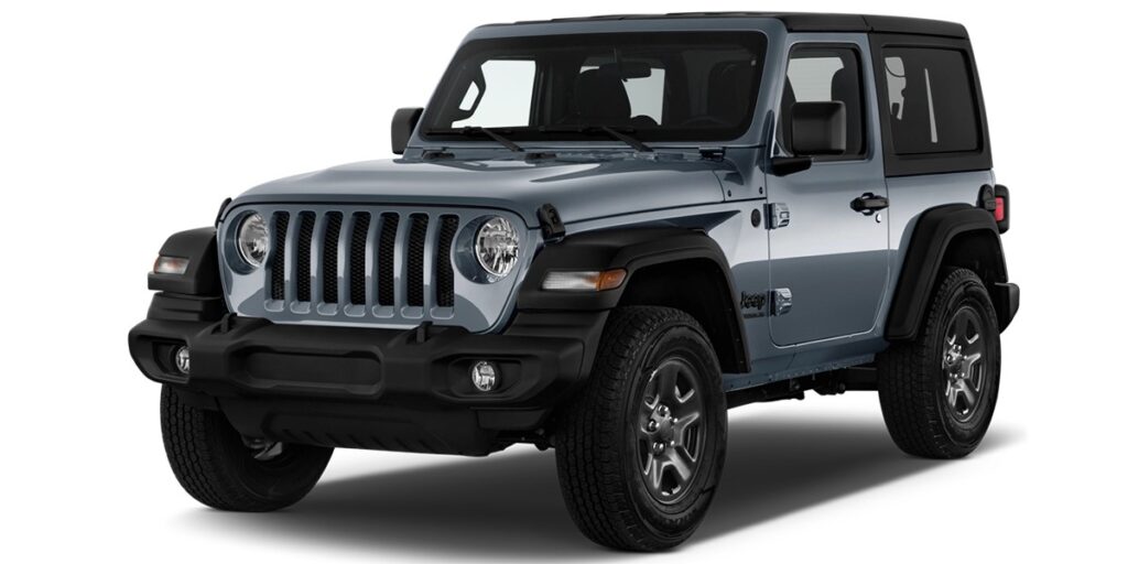 2025 Jeep Wrangler Sport two-door in grey, front view, photographed in the UAE, showcasing rugged design and off-road stance.