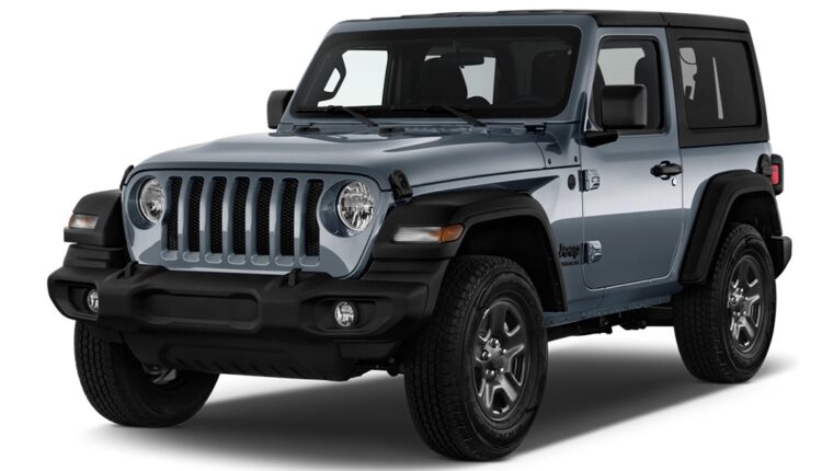 2025 Jeep Wrangler Sport two-door in grey, front view, photographed in the UAE, showcasing rugged design and off-road stance.