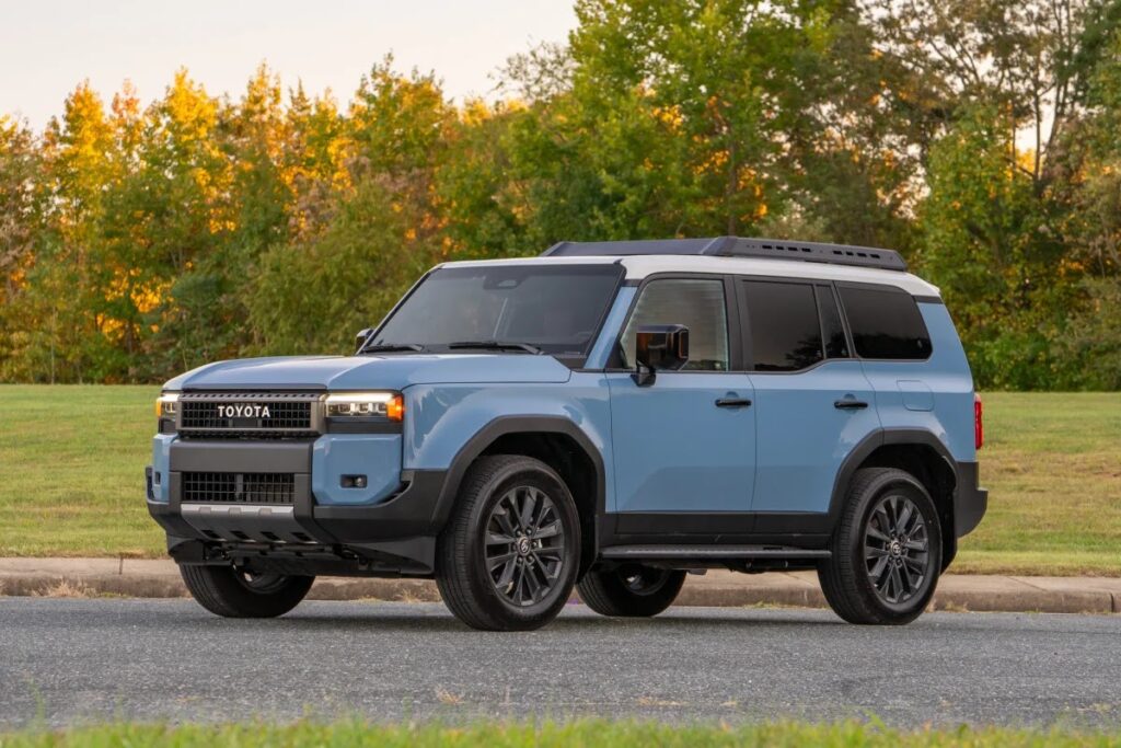 Toyota Land Cruiser 2025 in blue parked outdoors, highlighting its modern boxy design, premium build quality, and off-road readiness.
