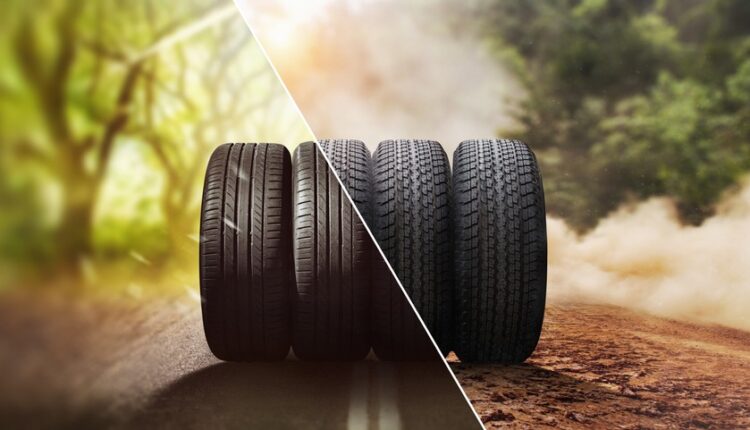 Close-up of winter and all-season tyres side by side on UAE roads, illustrating performance difference between warm and cool conditions.