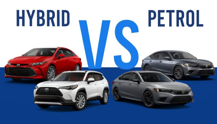 Hybrid vs petrol car comparison showing hybrid sedan and SUV on the left and petrol sedans on the right, used to illustrate cost and performance differences in the UAE for 2025.