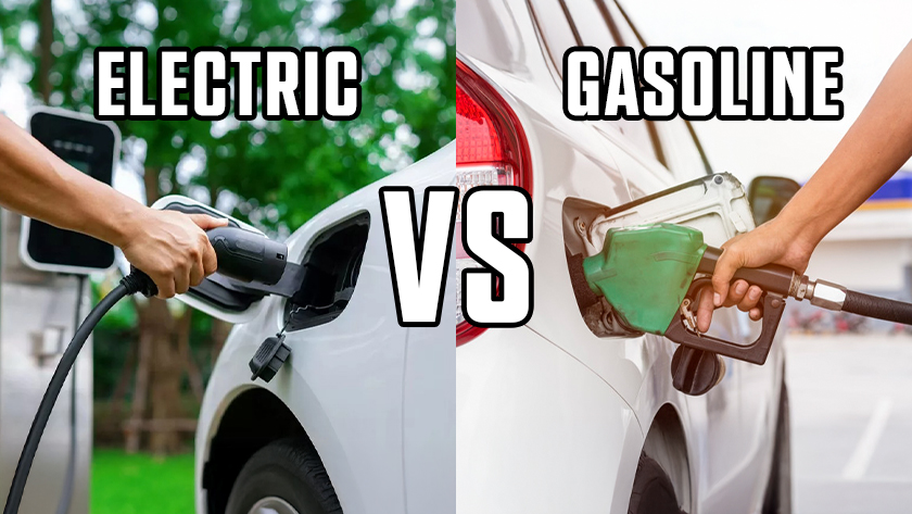 A comparison of two vehicles, one being charged with electricity and the other being refueled with gasoline, highlighting the debate between electric and gasoline cars.