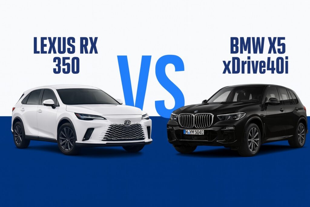 “Side-by-side comparison image showing a white Lexus RX 350 on the left and a black BMW X5 xDrive40i on the right, with the text ‘LEXUS RX 350 VS BMW X5 xDrive40i’ displayed above them.