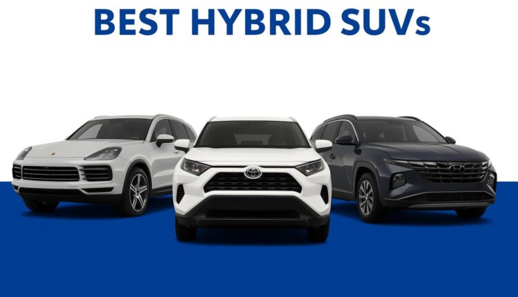 A lineup of five 2025 hybrid SUVs, including models from Porsche, Toyota, and Hyundai, displayed on a clean blue and white background with the title “Best Hybrid SUVs Launched in the UAE 2025” in bold blue text.