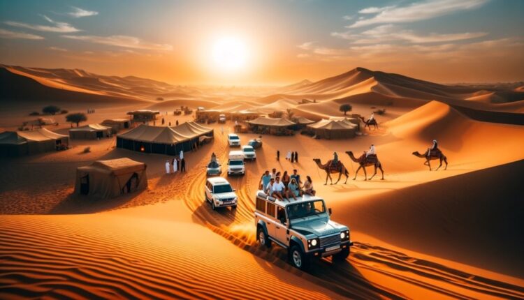 4x4 off-road vehicles driving across golden sand dunes in Dubai desert at sunrise.