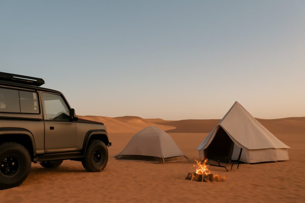 4x4 SUV and desert tents set up for winter camping in the UAE’s golden sand dunes, with a campfire glowing in the chilly evening air.