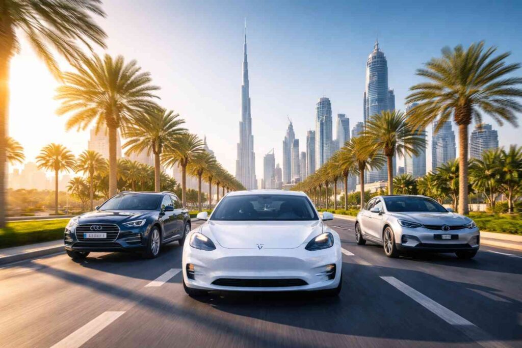 Three vehicles driving on a palm-lined road with the Burj Khalifa in the background, showcasing modern transportation in Dubai, including an electric vehicle (Tesla).