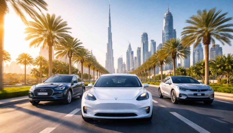 Three vehicles driving on a palm-lined road with the Burj Khalifa in the background, showcasing modern transportation in Dubai, including an electric vehicle (Tesla).