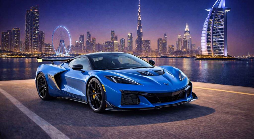Corvette sports car with Dubai skyline and Burj Al Arab in the background, showcasing the best spots for automotive photography in UAE.