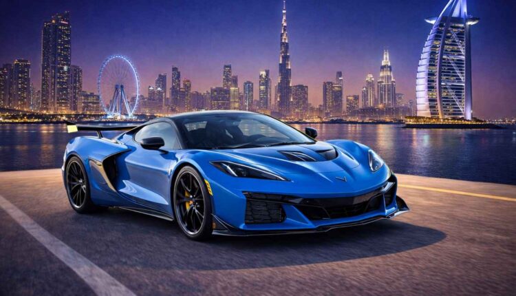 Corvette sports car with Dubai skyline and Burj Al Arab in the background, showcasing the best spots for automotive photography in UAE.
