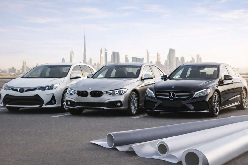 UAE car color trends 2025 showing white, silver, and black cars with customization options