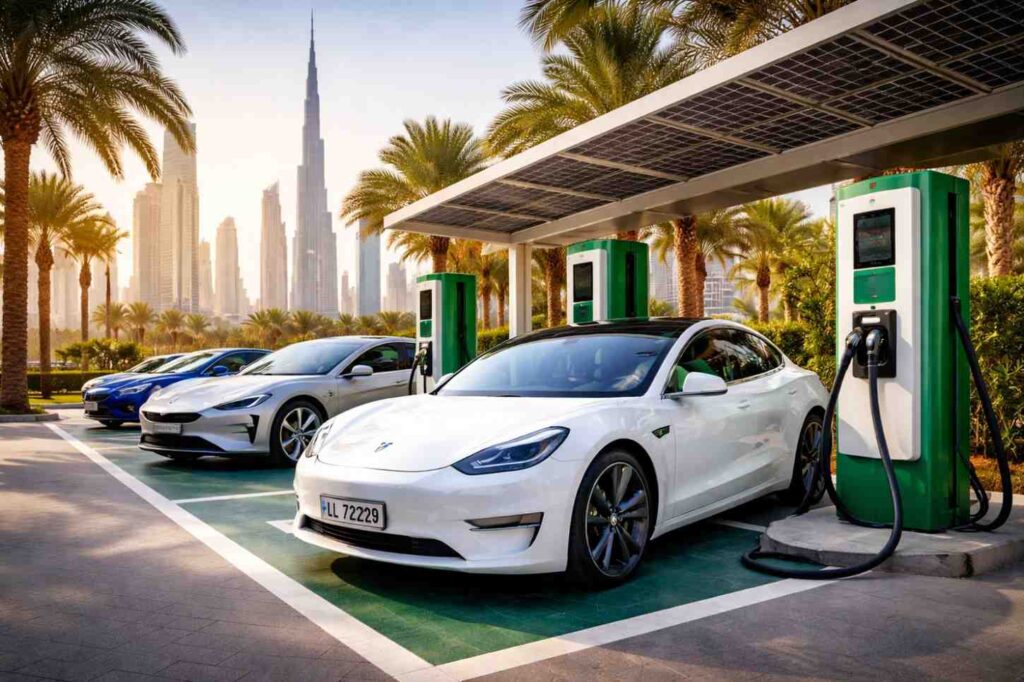 Modern electric vehicles charging at a futuristic station in Dubai, with Burj Khalifa in the background, representing the future of EVs in the UAE.