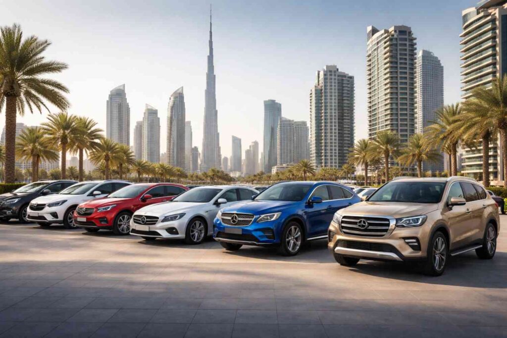 A lineup of various new cars, including an SUV, sedan, and electric vehicle, parked in front of Dubai's iconic Burj Khalifa with palm trees and modern skyscrapers in the background. The image showcases the wide range of car options available in the UAE in 2026.