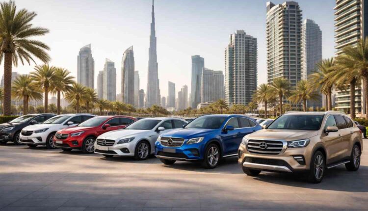 A lineup of various new cars, including an SUV, sedan, and electric vehicle, parked in front of Dubai's iconic Burj Khalifa with palm trees and modern skyscrapers in the background. The image showcases the wide range of car options available in the UAE in 2026.