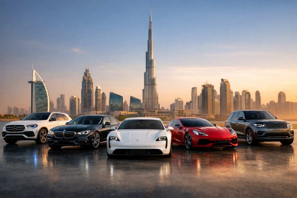 UAE luxury car market 2026 premium SUVs sedans and electric vehicles in Dubai skyline