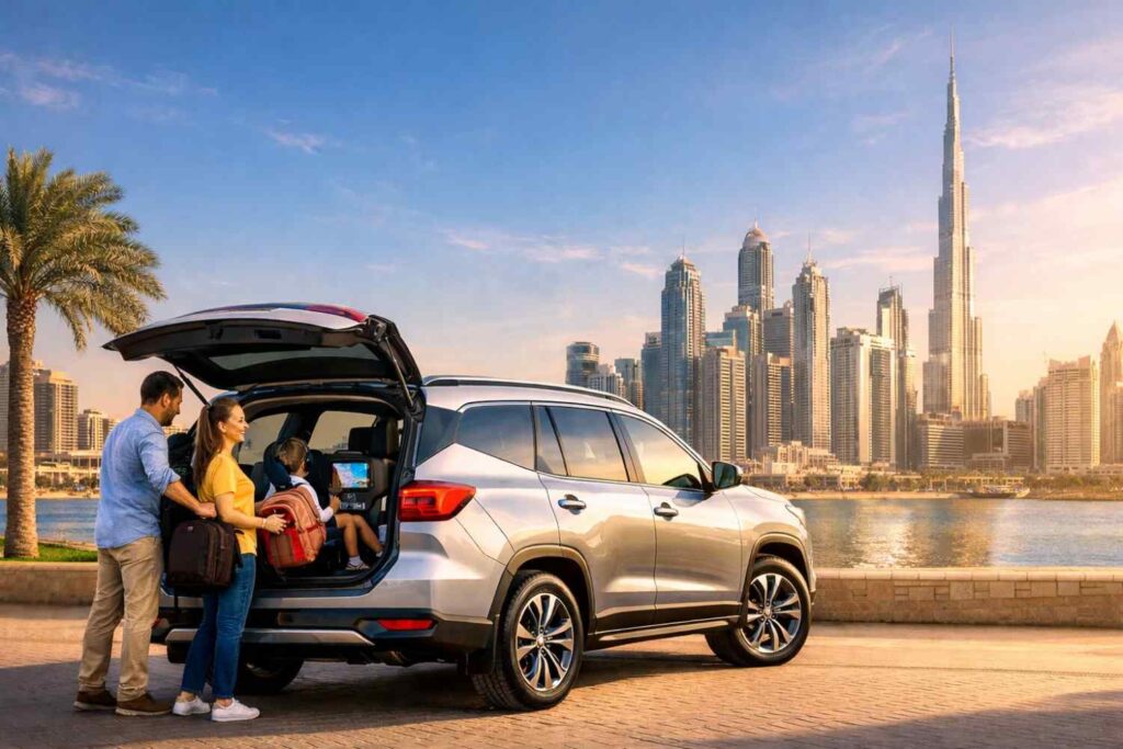 2026 family SUV in UAE with parents loading luggage and kids enjoying rear-seat entertainment, Dubai skyline in background