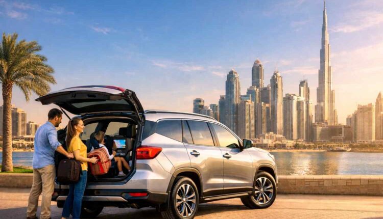 2026 family SUV in UAE with parents loading luggage and kids enjoying rear-seat entertainment, Dubai skyline in background