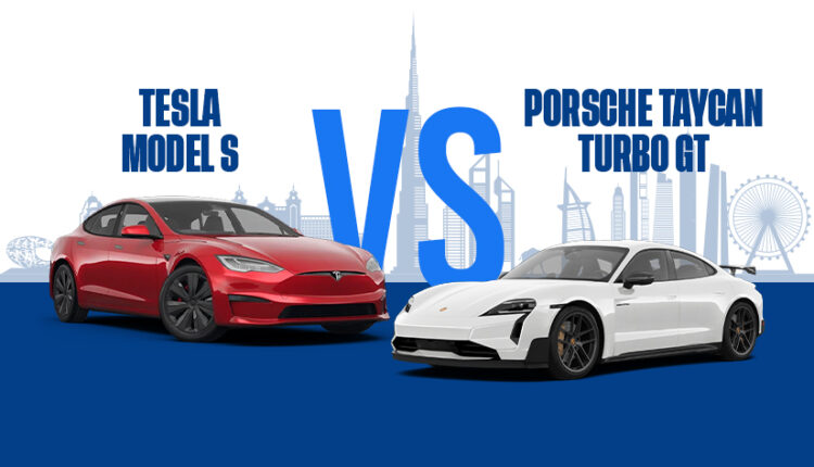 Porsche Taycan Turbo GT vs Tesla Model S Plaid electric cars shown side by side in a 2026 EV performance comparison.