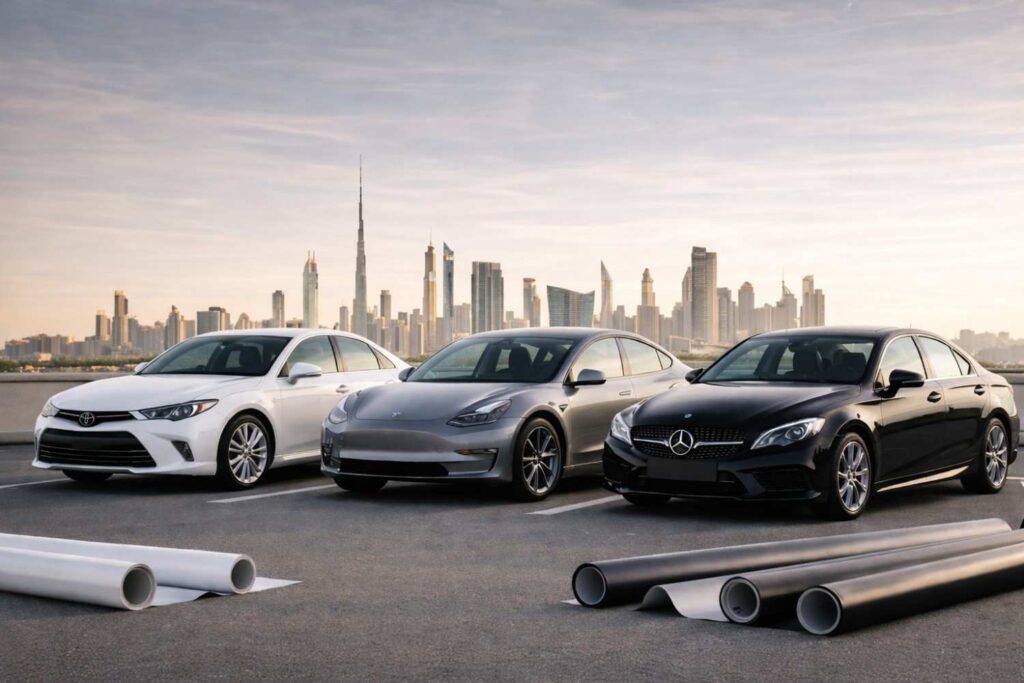 2026’s most popular car colors across the Middle East, featuring white, silver, and black sedans parked side by side with Dubai’s skyline in the background.