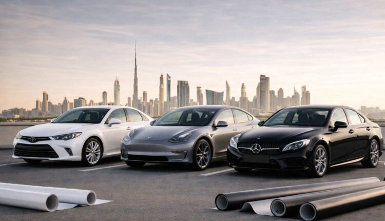 2026’s most popular car colors across the Middle East, featuring white, silver, and black sedans parked side by side with Dubai’s skyline in the background.