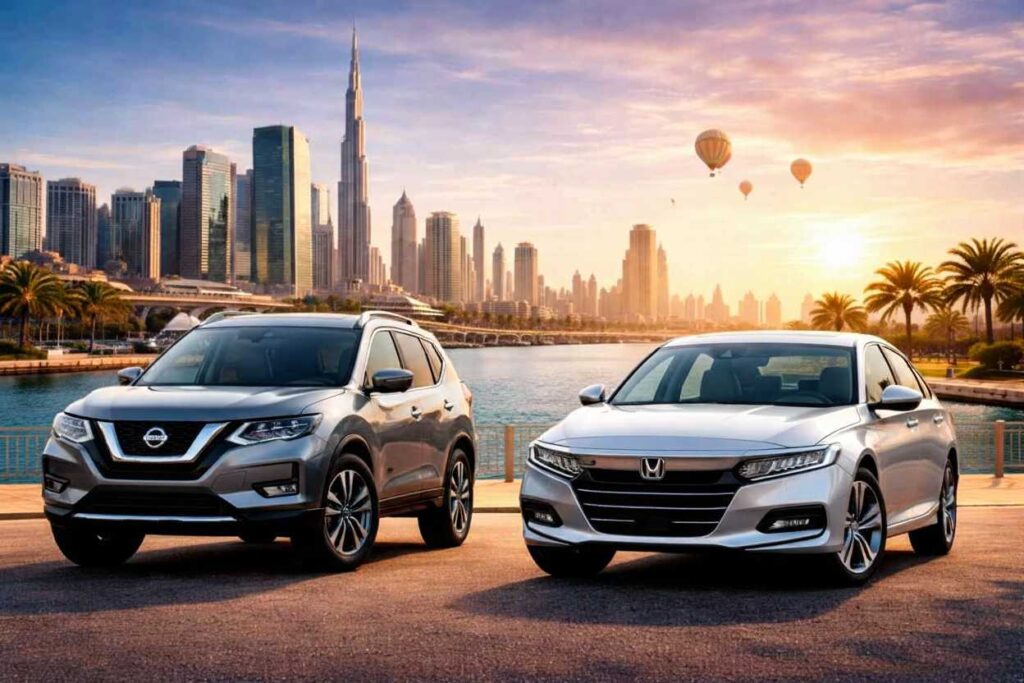 SUV vs Sedan in 2026 featuring a Nissan X Trail SUV and a sedan Honda Accord shown from the front, parked side by side with Dubai’s skyline and Burj Khalifa in the background,