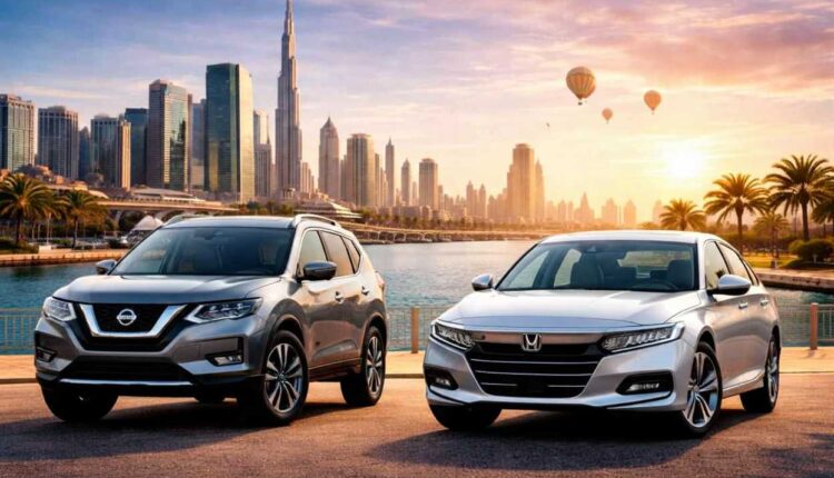 SUV vs Sedan in 2026 featuring a Nissan X Trail SUV and a sedan Honda Accord shown from the front, parked side by side with Dubai’s skyline and Burj Khalifa in the background,