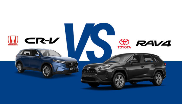 Toyota RAV4 vs Honda CR-V 2026 SUV shootout showing both compact SUVs side by side on a clean blue background with brand logos.