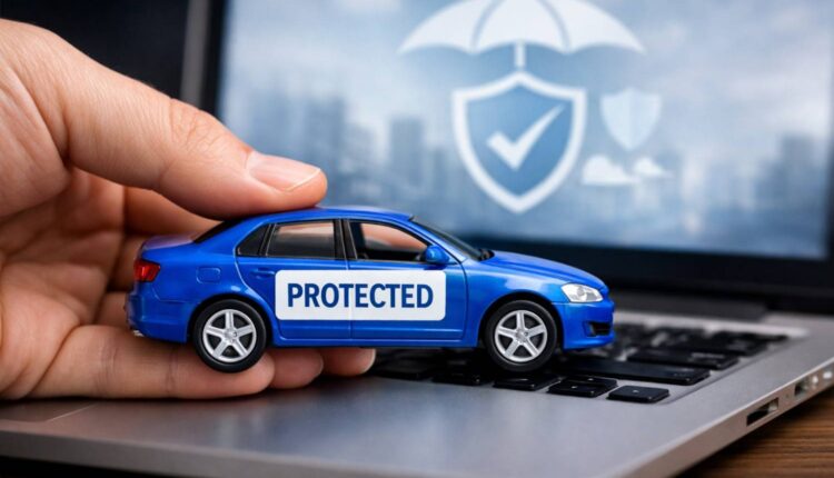 Blue toy car with ‘PROTECTED’ sticker held over a laptop keyboard, representing UAE car insurance coverage for rain, hail, and storm protection.