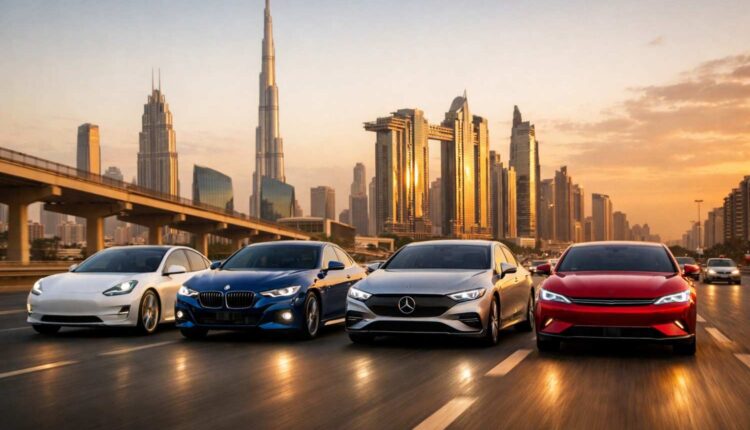 UAE automotive trends 2026 showing electric and luxury cars driving through Dubai skyline.