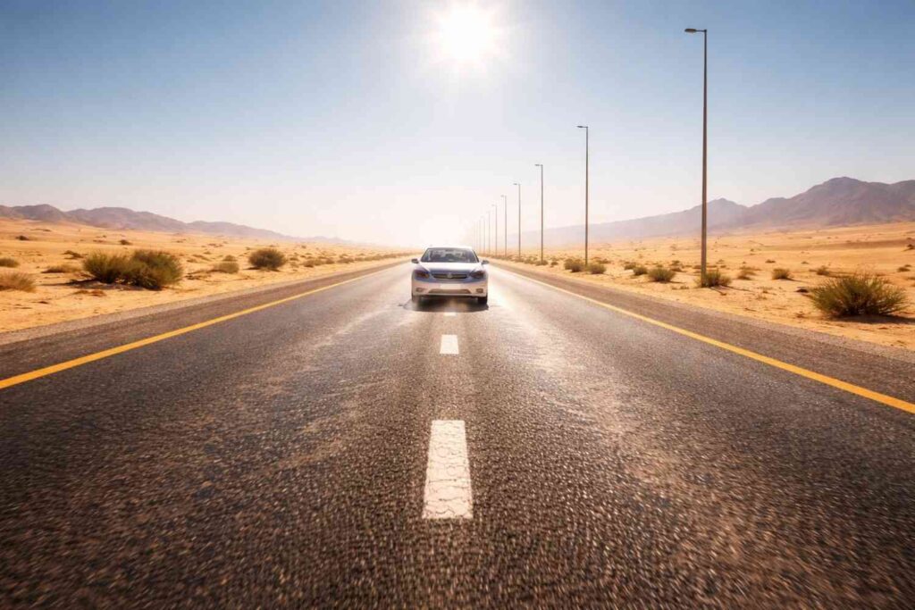 Car driving along a straight UAE desert highway under intense midday sun, with heat waves shimmering above the asphalt and sand dunes stretching across the landscape on both sides, representing challenging UAE desert car maintenance conditions.