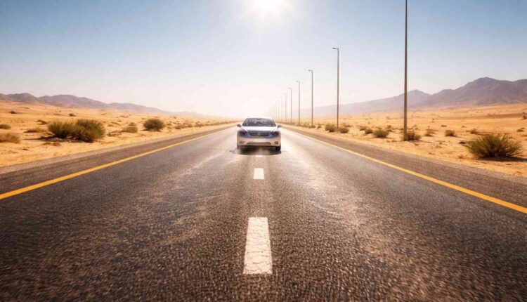 Car driving along a straight UAE desert highway under intense midday sun, with heat waves shimmering above the asphalt and sand dunes stretching across the landscape on both sides, representing challenging UAE desert car maintenance conditions.